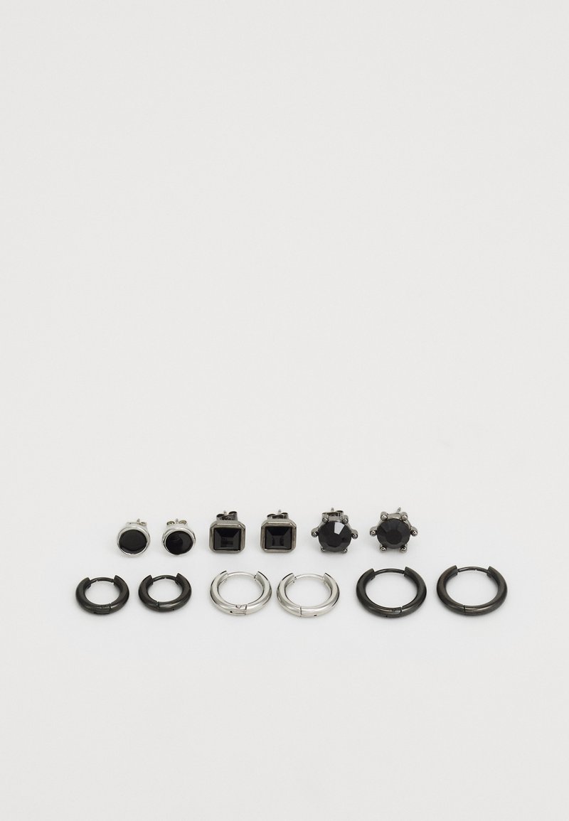 Set of earrings featuring black stones in round and square shapes, with silver and black metal accents, arranged on a white background.