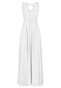 Abito maxi bianco con corpino in pizzo, scollatura a V e dettaglio con chiusura a occhio sulla schiena. La gonna fluida presenta delle pieghe, creando una silhouette morbida ed elegante.