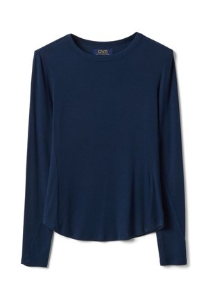 Chemise bleu marine à manches longues, col rond côtelé, ourlet légèrement évasé et silhouette ajustée, présentée à plat sur un fond blanc.