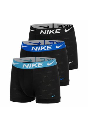 Tre paia di boxer neri Nike con elastici in vita a contrasto in nero, blu scuro e azzurro, ciascuno con il logo Nike.