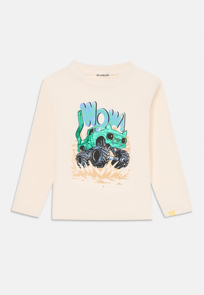 Hosszú ujjú krémszínű póló, színes grafikai mintával, amelyen egy zöld részletekkel díszített monster truck látható, valamint játékos "WOW!" felirattal. Puha pamut anyag.