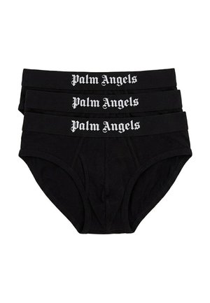 Tre slip neri impilati che mostrano le fasce in vita con scritta bianca "Palm Angels" in carattere gotico.