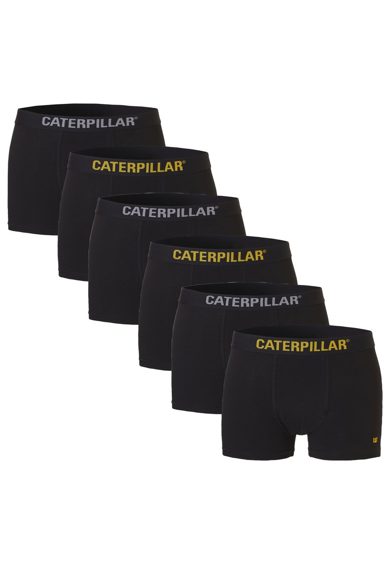 Shorts en coton noir, dotés de ceintures élastiques avec la marque "CATERPILLAR" en gris et jaune. Design simple et ajusté.
