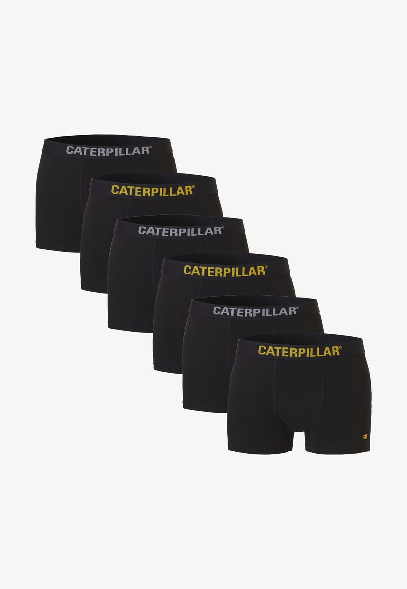 Shorts en coton noir, dotés de ceintures élastiques avec la marque "CATERPILLAR" en gris et jaune. Design simple et ajusté.