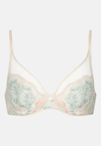 Beige bloemen-bh met geborduurde groene en oranje bloemen, doorschijnend cupdesign, kantafwerking en verstelbare banden.