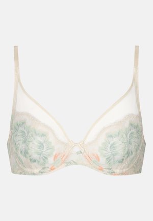 Soutien-gorge beige à fleurs avec des fleurs brodées vertes et oranges, design de bonnets transparents, bordure en dentelle et bretelles ajustables.