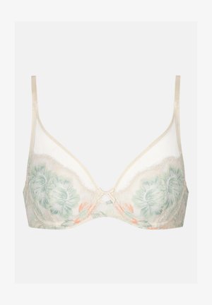 Beige bloemen-bh met geborduurde groene en oranje bloemen, doorschijnend cupdesign, kantafwerking en verstelbare banden.