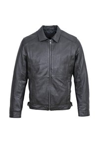 Svart läderjacka med dragkedja fram, krage och två sidofickor, med en slät yta och strukturerad design.