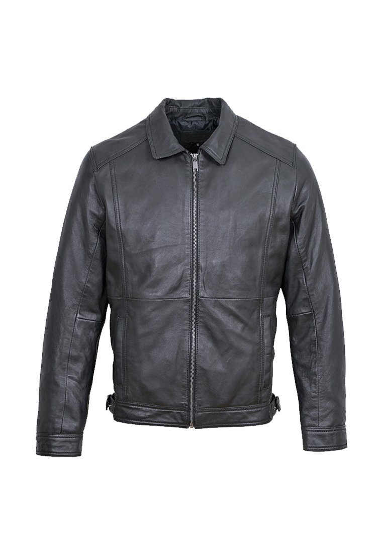 Svart läderjacka med dragkedja fram, krage och två sidofickor, med en slät yta och strukturerad design.