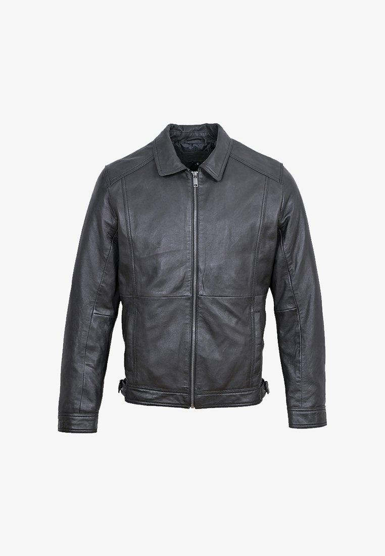 Svart läderjacka med dragkedja fram, krage och två sidofickor, med en slät yta och strukturerad design.