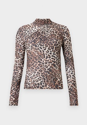 Langsleeve, hoge hals dames top met bruine en zwarte luipaardprint en subtiele plooidetail over de borst.