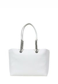 Borsa tote bianca con finitura liscia, caratterizzata da dettagli in catena argentata sulle maniglie e un design minimalista. Forma ampia e rettangolare.