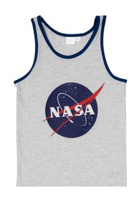 Gray tank top with navy trim; features a large NASA logo in white and red against a blue circular background with star details.