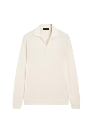Pullover bianco a maniche lunghe con colletto a scollatura, realizzato in tessuto morbido, caratterizzato da un design semplice e polsini a costine sulle maniche e sull'orlo.
