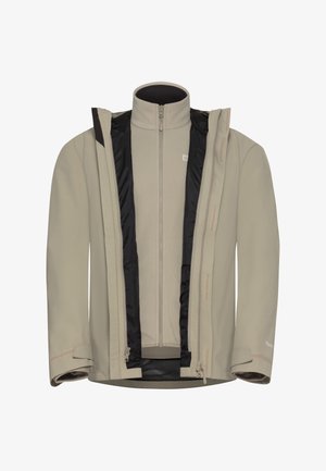 Giacca softshell beige con zip frontale, fodera interna in pile grigia e accenti neri; presenta polsini regolabili e tasche in rete.