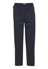 Pantaloni blu navy realizzati in tessuto liscio, con cintura intrecciata e anello metallico. Taglio dritto, con un design sartoriale e senza tasche.