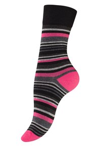 Calzino a righe in nero, grigio e rosa con un tallone rosa solido. Presenta un polsino a coste e diverse ampiezze e colori di righe orizzontali.