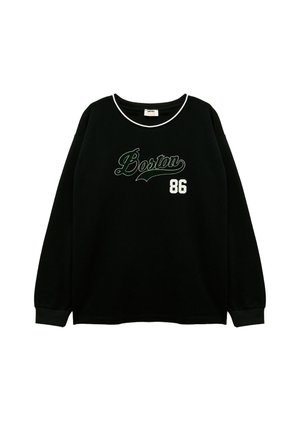 Schwarzer Hoodie mit langen Ärmeln, grünem "Boston"-Text und weißer "86" auf der Vorderseite. Hat einen Rundhalsausschnitt und gerippte Bündchen. Weicher Stoff.