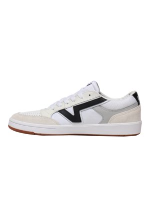 White sneakers with a suede toe cap, black and gray accents, mesh panels, and a rubber sole. Lace-up design with a clean, minimalist look.