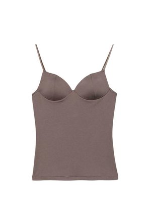 Top marrone aderente senza maniche con coppe incorporate e sottili spalline regolabili su sfondo bianco.
