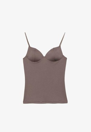 Oprsnik brez rokavov v rjavi barvi, prilegajoč, z vgrajenimi košaricami in tankimi nastavljivimi naramnicami na belem ozadju.