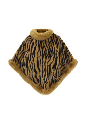 Nepbont poncho in bruin met zwarte tijgerstrepen, voorzien van een hoge kraag en een zachte textuur. Afgewerkt met een pluizige, bruine rand.
