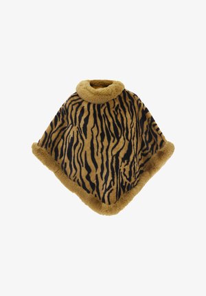 Faux fur poncho i brun med sorte tigerstriber, med en høj krave og blød tekstur. Kantet med en plysset, brun kant.