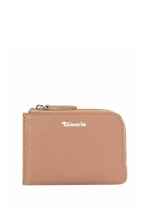 Tan leather wallet with textured finish, zip closure, and silver logo. Compact rectangular shape with stitched edges.