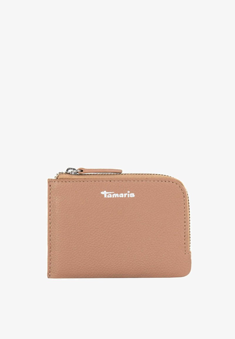 Tan leather wallet with textured finish, zip closure, and silver logo. Compact rectangular shape with stitched edges.