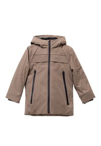 Chaqueta beige con capucha, cremallera negra y dos bolsillos verticales con cremallera, con el sutil logo "IKKS" en el pecho.