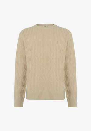 Maglione lavorato a maglia beige con texture a coste, scollo rotondo e maniche lunghe. Il design presenta un sottile motivo a diamante su tutta la superficie.