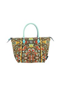 Borsa multicolore con motivi floreali e di uccelli, realizzata in tessuto resistente, con accenti turchesi e doppi manici per una facile portabilità.