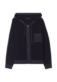 Felpa con zip di colore blu navy in tessuto testurizzato, con bordi scintillanti, cappuccio regolabile con cordino e una piccola tasca sul petto. Polsini e orlo testurizzati.