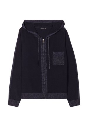 Navy zip-up hoodie with a textured fabric, featuring a glittering trim, drawstring hood, and a small chest pocket. Textured cuffs and hem.