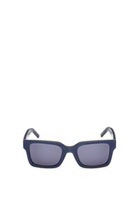 Gafas de sol con montura rectangular en azul marino mate, con lentes tintados y un delgado acento dorado en el borde superior.