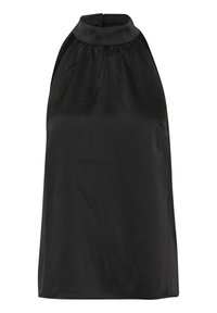 Black halter neck top with a gathered neckline. Made from smooth fabric with a slightly textured finish. Sleeveless design.