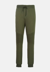 Pantaloni jogger verde măsliniu cu panouri striate pe genunchi, talie elastică cu șnur, buzunare laterale și glezne cu manșetă.