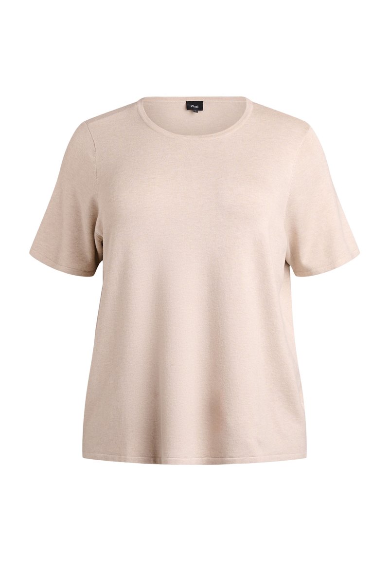 Bež majica iz mehke tkanine, z okroglim izrezom in kratkimi rokavi. Preprost, sproščen kroj brez vidnih vzorcev ali okraskov.