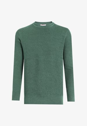 Groen gebreide trui met een gestructureerd honingraatpatroon, ronde halslijn en lange mouwen; afgewerkt met geribde manchetten en zoom.