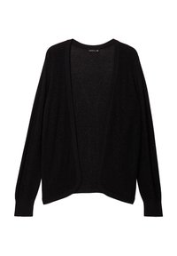 Cardigan léger noir à manches longues, au design ouvert et avec des accents côtelés. Fabriqué dans un tissu doux et texturé avec un subtil éclat.