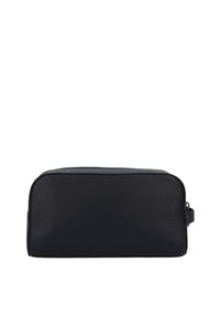 Borsa da toilette rettangolare nera in materiale sintetico strutturato con chiusura a cerniera e manico laterale per un facile trasporto.