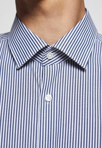 Blauw en wit gestreept overhemd met knoopsluiting en een klassieke kraag, met een zachte textuur en ronde knopen bij de kraag en de placket.