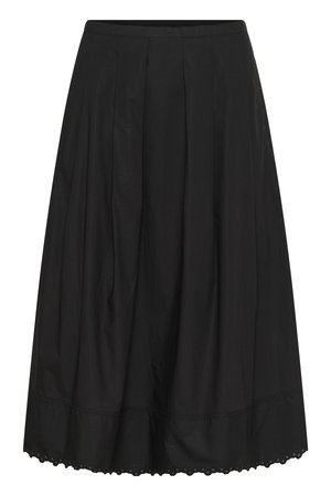 Juoda kelnės ilgio sijonas su klostėmis ir banguotu apvadu.