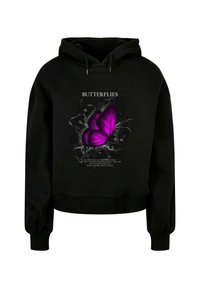 Felpa nera corta con un grande grafico di una farfalla viola e testo bianco con una citazione. Tessuto morbido, dettagli a costine sui polsini e sull'orlo.