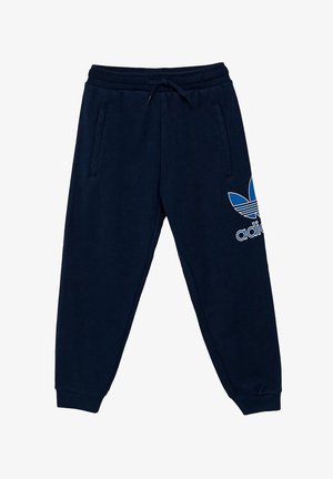 Pantaloni della tuta blu navy con vita elasticizzata e cordino, dotati di tasche laterali e di un logo Adidas azzurro chiaro sulla gamba sinistra.