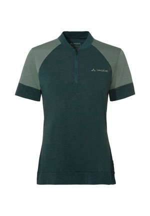 Radsporttrikot mit kurzen Ärmeln in Dunkelgrün mit hellgrünen Schultern und einem Viertelreißverschluss unter dem Kragen, mit einem Vaude-Logo auf der Brust.