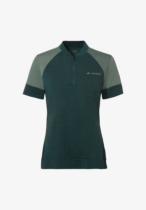 Radsporttrikot mit kurzen Ärmeln in Dunkelgrün mit hellgrünen Schultern und einem Viertelreißverschluss unter dem Kragen, mit einem Vaude-Logo auf der Brust.