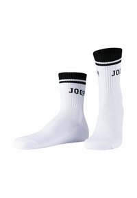 Hvide bomuldsstrømper med sort ribbet manchet, der har to sorte striber og logoet "JOOP!" trykt på siden.