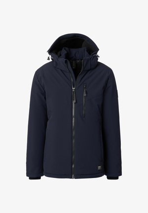 Marineblaue Winterjacke mit Kapuze, durchgehendem Reißverschluss, einer Reißverschlusstasche auf der Brust und verstellbaren Kordeln an der Kapuze, geeignet für kaltes Wetter.