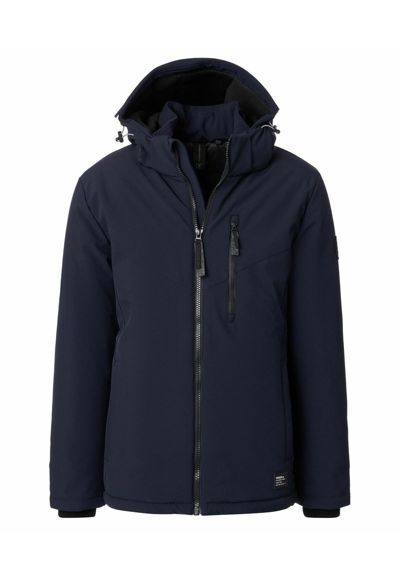 Marineblaue Winterjacke mit Kapuze, durchgehendem Reißverschluss, einer Reißverschlusstasche auf der Brust und verstellbaren Kordeln an der Kapuze, geeignet für kaltes Wetter.